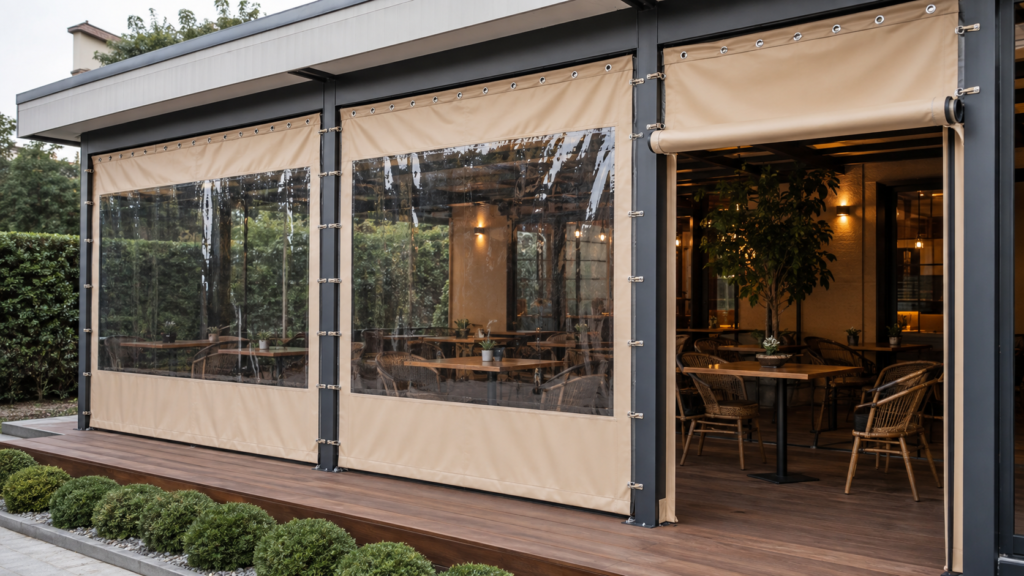 Kafe ve restoran açık alanlarında kullanılan şeffaf PVC pencereli, açılır kapanır perde branda sistemleri